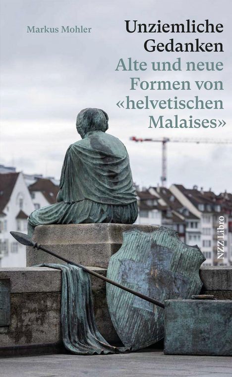Titel: "Unziemliche Gedanken. Alte und neue Formen von 'helvetischen Malaises'". Figur sitzt mit Blick auf Gebäude.