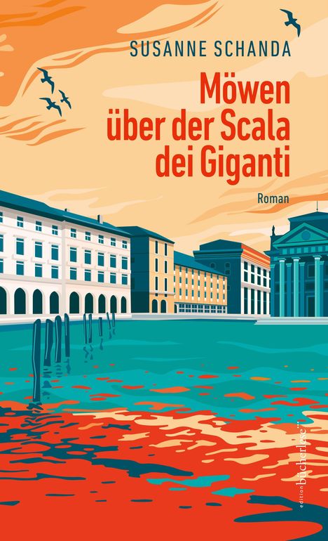 Titel: "Möwen über der Scala dei Giganti". Ockerfarbener Himmel, Vögel fliegen, historisches Gebäude, türkis-rote Wasserfläche.