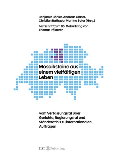 Texte: Informationen zu einer Festschrift, Details über Verfassungsrat. Darunter ein Pixelbild der Schweiz in Blau- und Lilatönen.