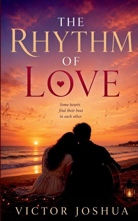 "The Rhythm of Love" oben, darunter "Some hearts find their beat in each other." Paar am Strand bei Sonnenuntergang.