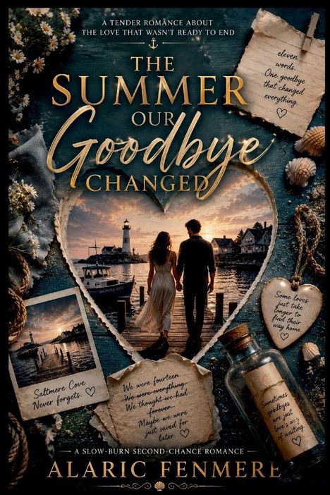 Texte: 
- "THE SUMMER OUR GOODBYE CHANGED"
- "Saltmere Cove never forgets."
- "eleven words. One goodbye that changed everything."
- "We were fourteen. We were everything. We thought we had forever. Maybe we were just saved for later."
- "Some loves just take longer to find their way home."
- "Sometimes goodbyes are just love's way of waiting."

Eine romantische Szene mit einem Paar am Wasser bei Sonnenuntergang, mit einem Leuchtturm im Hintergrund.