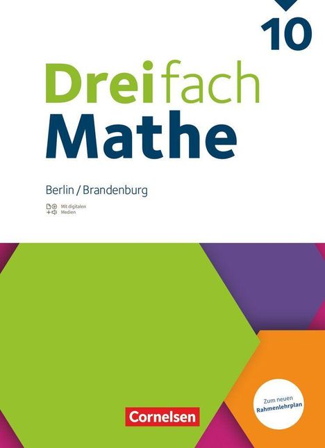 „Dreifach Mathe“ und „Berlin/Brandenburg“ in großer, farbiger Schrift, geometrische Formen und "Cornelsen" Logo.