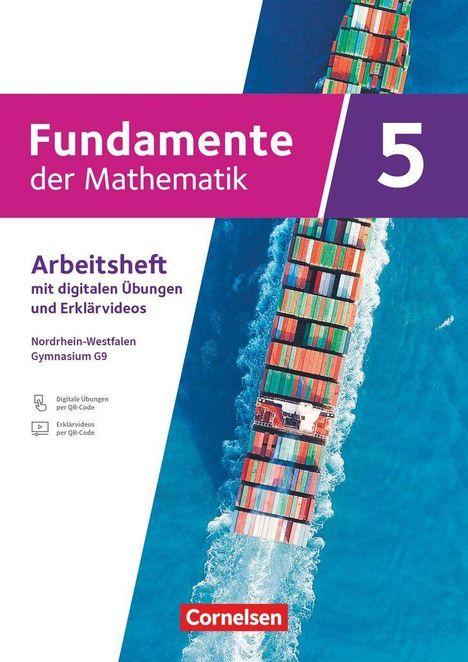 "Fundamente der Mathematik 5", Arbeitsheft NRW Gymnasium G9, zeigt Container-Schiff von oben, blaues Meer.