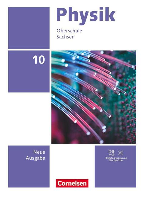 „Physik Oberschule Sachsen 10. Neue Ausgabe. Digitale Anreicherung über QR-Codes. Cornelsen Logo.“  
Farbenfrohe Glasfasern.