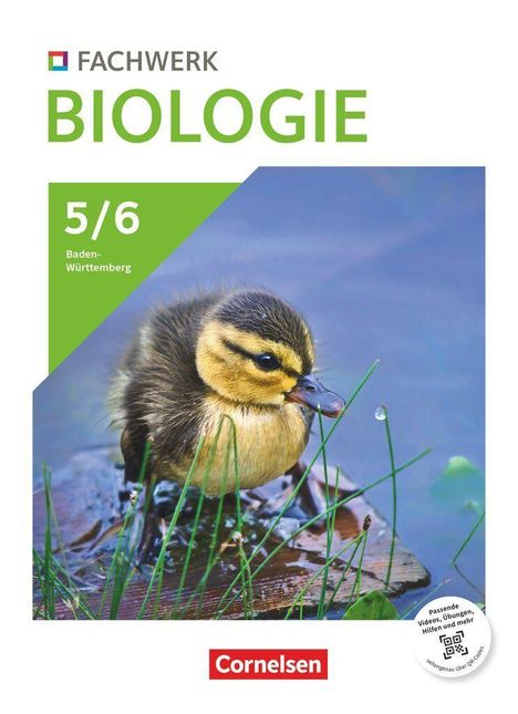 "FACHWERK BIOLOGIE 5/6 Baden-Württemberg Cornelsen" über einem Küken auf einem Blatt im Wasser.