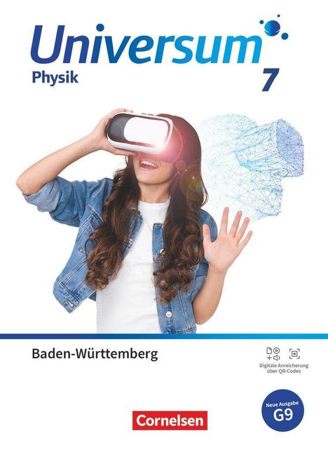 „Universum Physik 7“, Baden-Württemberg, Cornelsen. Mädchen mit VR-Brille, blaue Geometrien, freudiger Ausdruck.