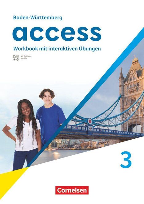 Text: "Baden-Württemberg access. Workbook mit interaktiven Übungen. 3. Cornelsen." Zwei Jugendliche und ein Bild der Tower Bridge.