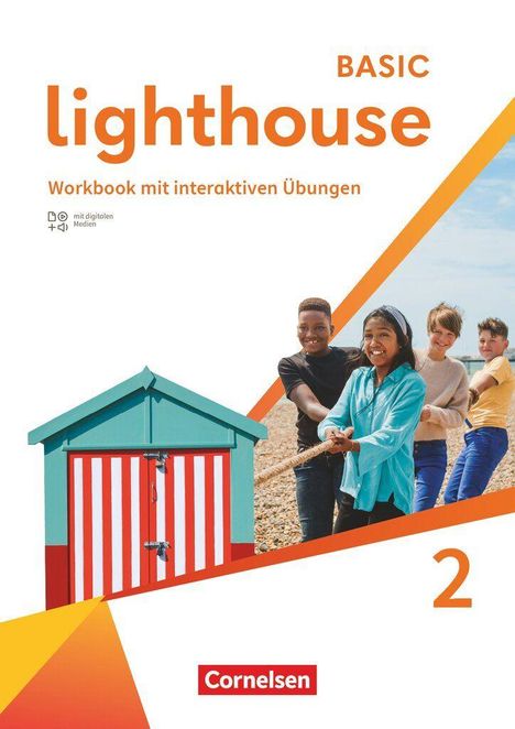 Titel: "lighthouse BASIC", Untertitel: "Workbook mit interaktiven Übungen". Kinder spielen zusammen. Cornelsen-Logo unten.