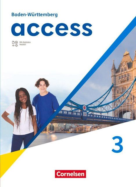 "Baden-Württemberg access 3" steht oben. Unten sind zwei Jugendliche neben der Tower Bridge abgebildet. Cornelsen-Logo.