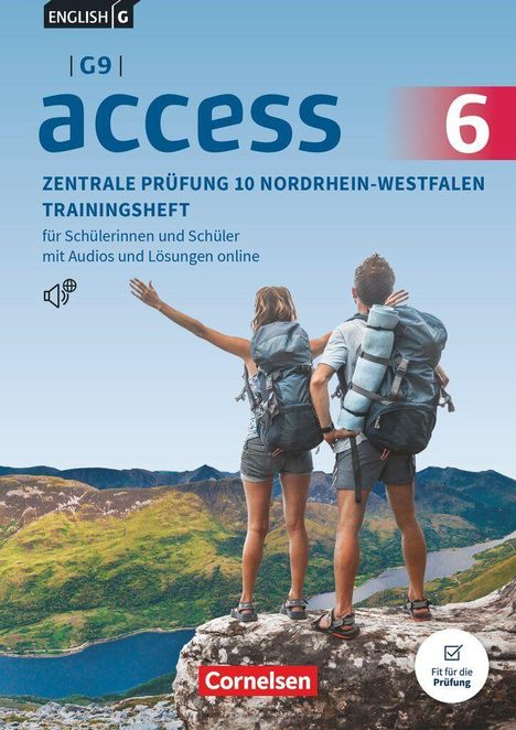 ENGLISH G9 | access 6, Zentrale Prüfung 10 NRW, Trainingsheft. Zwei Wanderer auf einem Berg mit Rucksäcken nach vorne blickend.