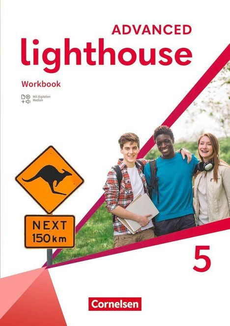 "ADVANCED lighthouse Workbook" steht oben, "Mit digitalen Medien" darunter. Ein Känguru-Warnschild, drei Jugendliche daneben.