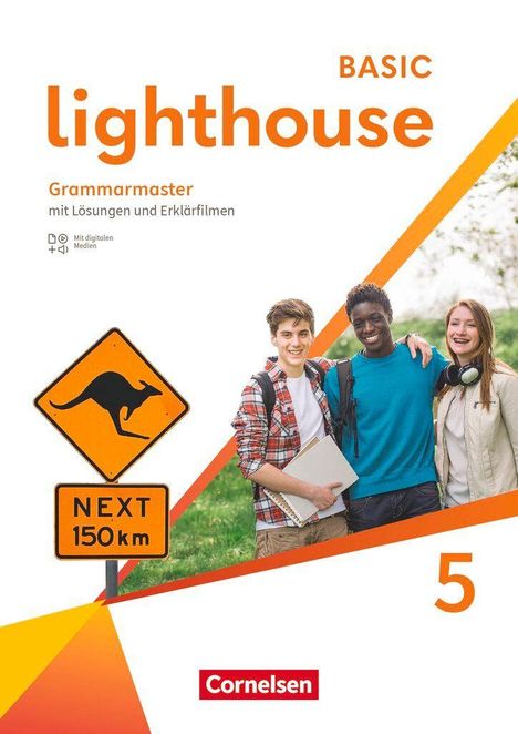 "Lighthouse BASIC Grammarmaster", "Nächste 150 km", drei Jugendliche lächelnd mit einem Känguru-Verkehrsschild.