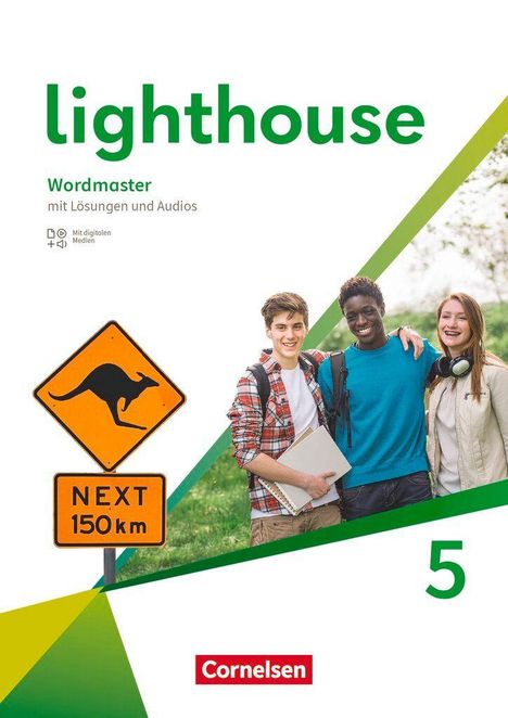 „Lighthouse 5“, „Wordmaster mit Lösungen und Audios“. Drei Jugendliche lächeln, ein Känguru-Warnschild „NEXT 150 km“.