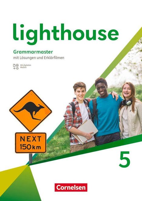 „Lighthouse Grammar Master“, mit Lösungen und Erklärfilmen. Drei junge Leute lächeln in die Kamera. Ein Verkehrsschild mit Känguru.