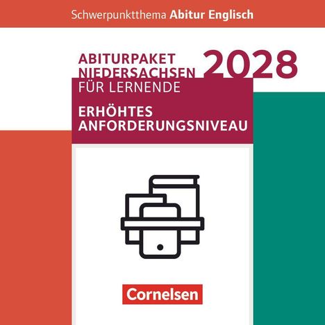 „Abiturpaket Niedersachsen 2028, erhöhtes Anforderungsniveau, Cornelsen.“ Bücher- und Geräte-Symbol, rote Banner.