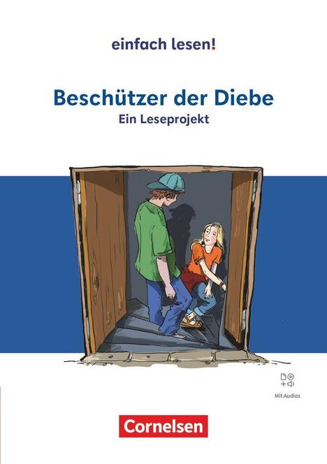 "Beschützer der Diebe. Ein Leseprojekt. einfach lesen! Zwei Personen in einer Kellertreppe, eine Frau schaut zurück."