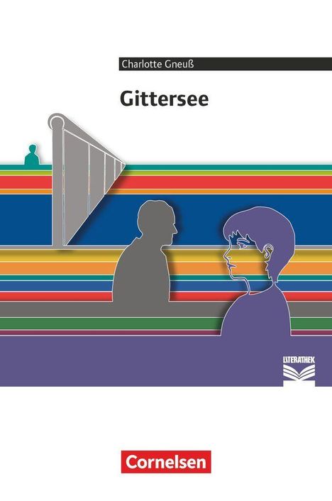 „Charlotte Gneuß, Gittersee”. Illustration mit stilisierten Personen, Linien, Zaun und einem Logo mit Buch.