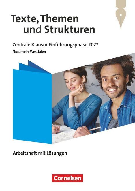 "Texte, Themen und Strukturen", "Zentrale Klausur Einführungsphase 2027", zwei lächelnde Personen, "Cornelsen".