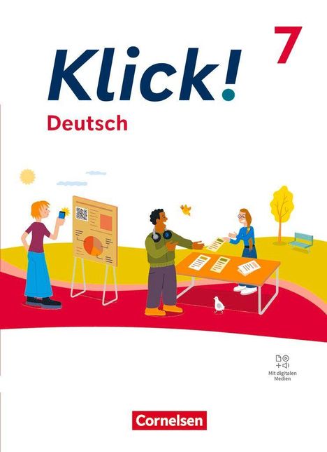 Titel: "Klick! Deutsch", Zahl: 7. Drei Personen interagieren fröhlich vor Postern und einem Tisch in einer farbenfrohen Landschaft.