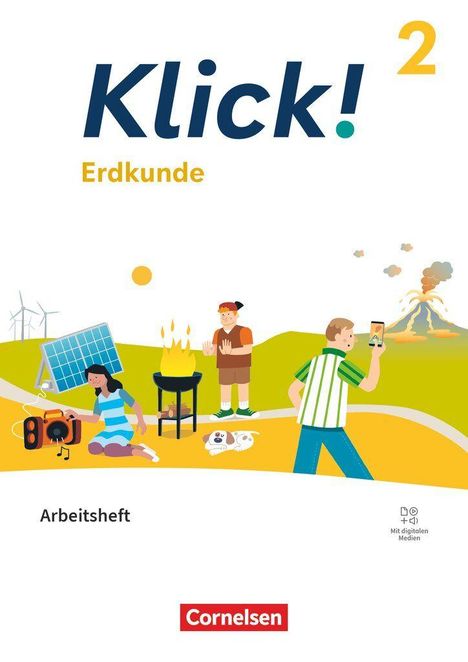 „Klick! Erdkunde 2. Arbeitsheft.“ Illustration mit Personen, die im Freien Aktivitäten machen, und Solarzellen.