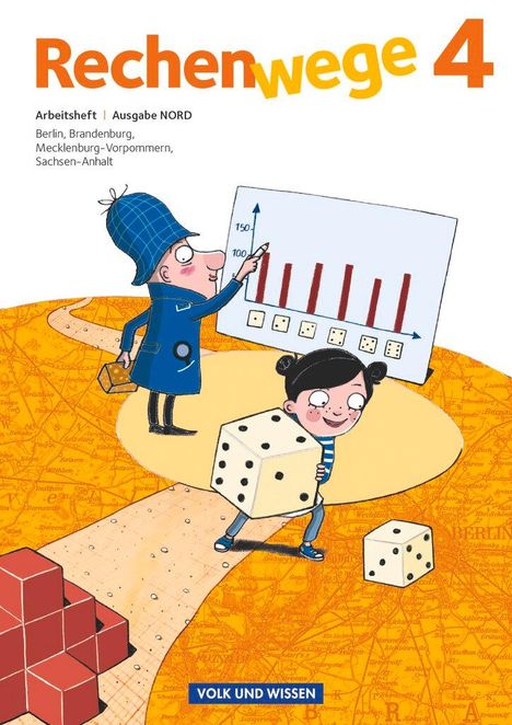 „Rechenwege 4“, Arbeitsheft Ausgabe NORD. Illustration mit Figuren, die große Würfel halten, und einem Diagramm im Hintergrund.