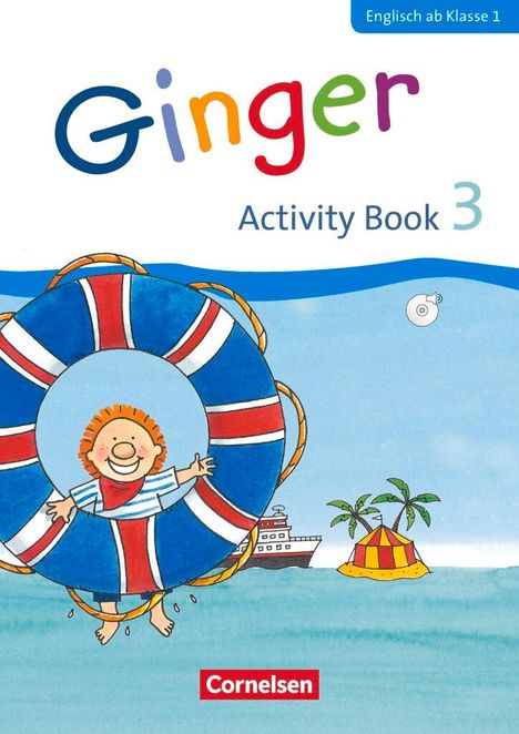 Text: „Ginger Activity Book 3“, „Englisch ab Klasse 1", „Cornelsen“. Illustration: Fröhliches Kind im Rettungsring im Meer.