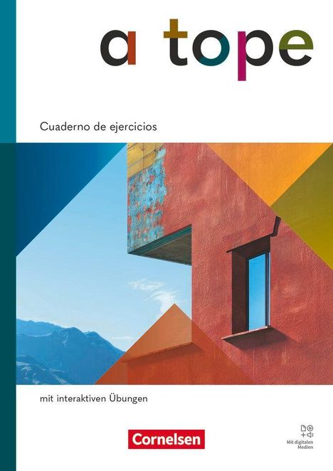 „Cuaderno de ejercicios“, „mit interaktiven Übungen“. Modernes Gebäude bildet farbenfrohes geometrisches Muster vor Bergkulisse.