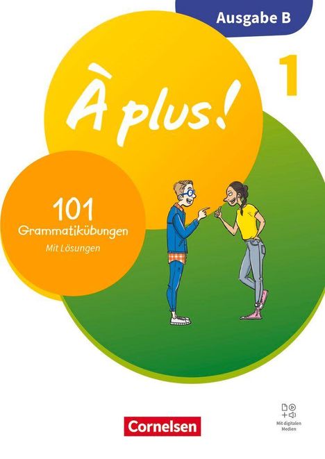 "A plus! Ausgabe B 1. 101 Grammatikübungen mit Lösungen. Illustration: Zwei Personen unterhalten sich freundlich."