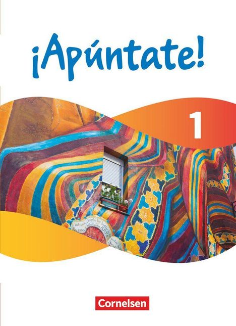 Text: "¡Apúntate!", "1", "Cornelsen".  
Bunt bemaltes Gebäude mit Fenster, Gelb- und Rottöne.