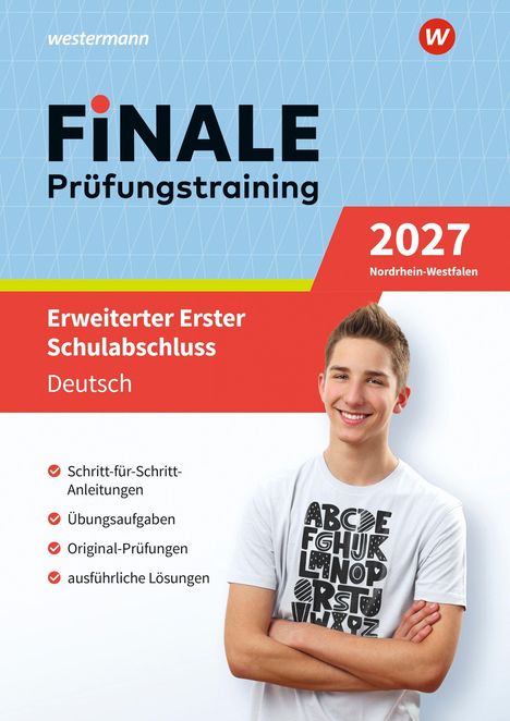 „FINALE Prüfungstraining“, „Erweiterter Erster Schulabschluss Deutsch“, Junge in T-Shirt mit Buchstaben.