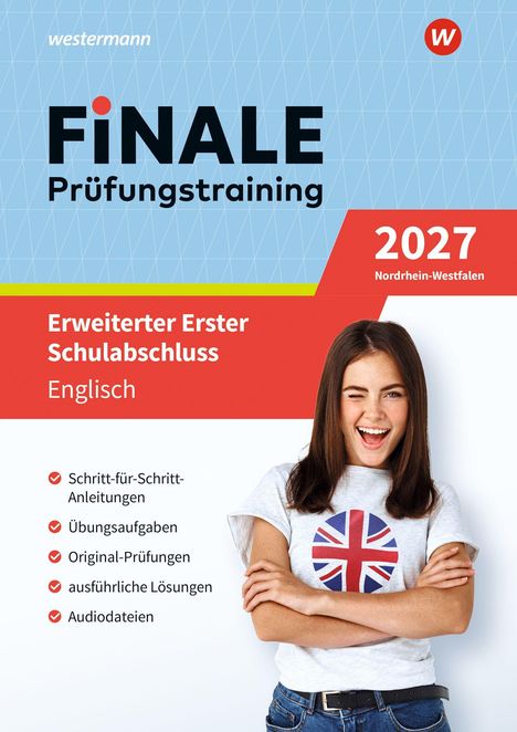 "FINALE Prüfungstraining 2027 Nordrhein-Westfalen. Erweiterter Erster Schulabschluss Englisch." Ein Mädchen zwinkert.