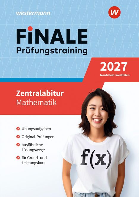 „FINALE Prüfungstraining“ oben, „Zentralabitur Mathematik“ in Rot, darunter Auflistung; Frau mit „f(x)“-Shirt lächelnd rechts.