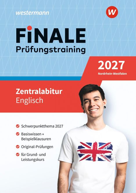 Titel: "FINALE Prüfungstraining". Thema: Zentralabitur Englisch 2027 in NRW. Mit junger Person, lächelnd im Vordergrund.