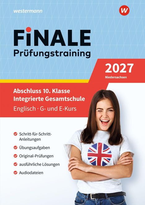 "Finale Prüfungstraining 2027 Niedersachsen", Abschluss 10. Klasse, Englisch, G- und E-Kurs. Junge Frau mit Union Jack Shirt.