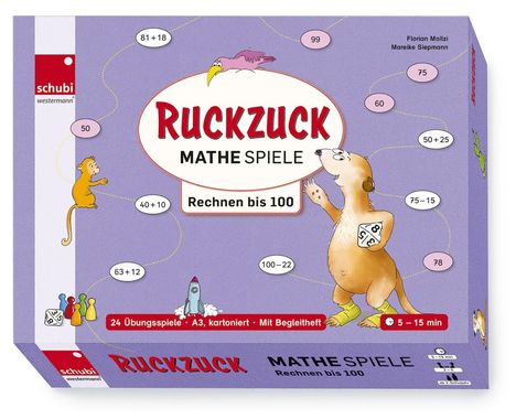 "Ruckzuck MATHE SPIELE. Rechnen bis 100. 24 Übungsspiele. 5–15 min." Ein Erdmännchen mit einer Zahl auf dem Bauch.