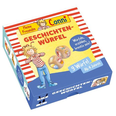 "Meine Freundin Conni GESCHICHTEN-WÜRFEL, 9 Würfel, Ab 4 Jahren." Illustration von Conni mit rot-weißem Shirt.