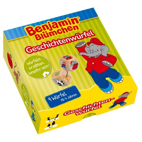 „Benjamin Blümchen Geschichtenwürfel“, „Würfeln, erzählen, kreativ sein“, Illustration eines Elefanten in roter Kleidung.