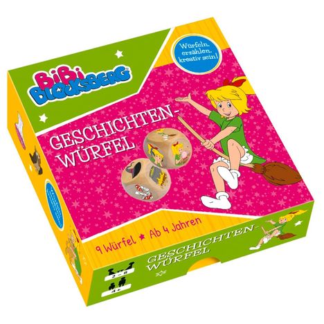 „GESCHICHTEN-WÜRFEL”, „Würfeln, erzählen, kreativ sein!”, Illustration eines Mädchens auf einem Besen.