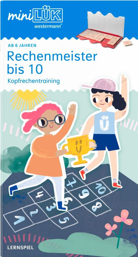 "Rechenmeister bis 10: Kopfrechentraining. Ab 6 Jahren. Zwei fröhliche Kinder spielen auf einem Zahlenteppich."