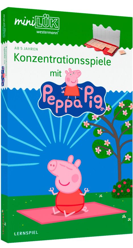 „Ab 5 Jahren: Konzentrationsspiele mit Peppa Pig“. Illustration von Peppa Pig beim Meditieren auf einer Matte vor einem Baum.