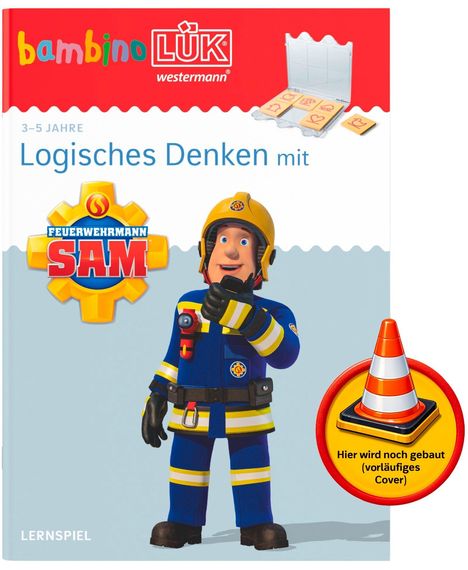 Logo: bambinoLÜK, Feuerwehmann Sam. Text: 3–5 Jahre, Logisches Denken mit. Illustration: Feuerwehrmann mit Helm. Buch: Lernspiel.