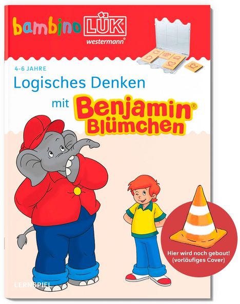 Ein Elefant in rotem Outfit und ein Junge stehen zusammen. Text: "Logisches Denken mit Benjamin Blümchen".