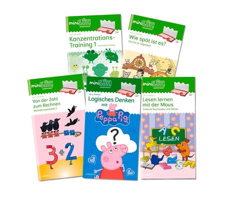 Konzentrationstraining, Logisches Denken mit Peppa Pig, Lesen lernen mit der Maus; bunte kindgerechte Illustrationen.