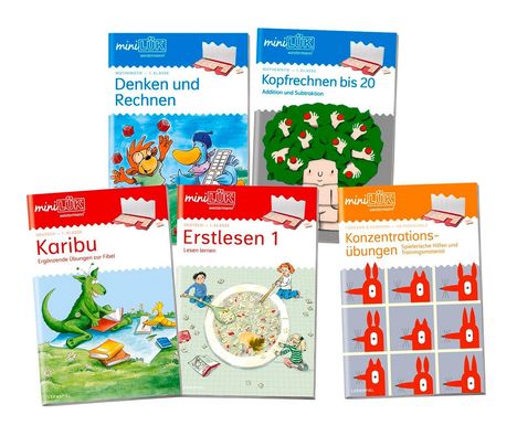 Denken und Rechnen, Kopfrechnen bis 20, Karibu, Erstlesen 1, Konzentrationsübungen. Bunte Illustrationen und Comicfiguren.