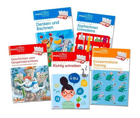 Bunte Lernhefte MiniLÜK: "Denken und Rechnen", "Kopfrechnen Einmaleins", "Geschichten vom Gespensterschloss", "Richtig schreiben", "Konzentrations-Training".