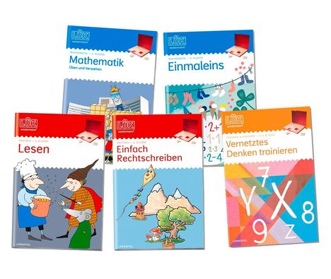 Fünf Lernhefte: Mathematik, Einmaleins, Lesen, Einfach Rechtschreiben, Vernetztes Denken trainieren; farbenfrohe Cover.