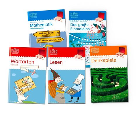 Texte: „Mathematik“, „Das große Einmaleins“, „Wortarten“, „Lesen“, „Denkspiele“. Illustrationen und bunte Designs auf Covern.