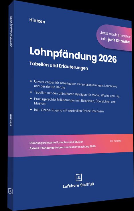 Cover eines Buches: "Lohnpfändung 2026 - Tabellen und Erläuterungen". Oben: "Jetzt noch smarter: inkl. juris KI-Suite!".