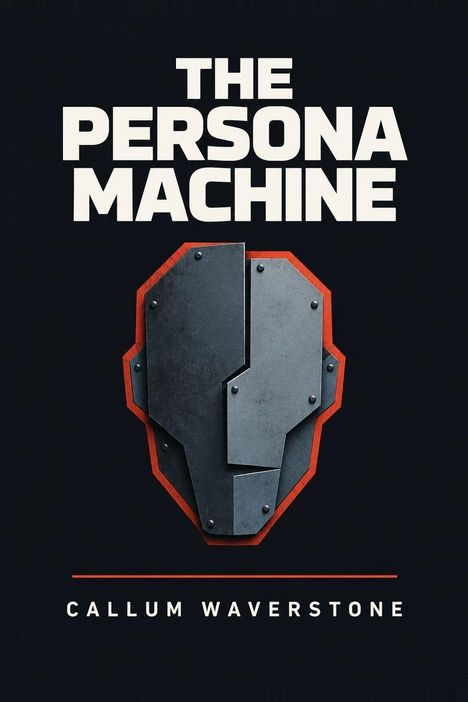 „THE PERSONA MACHINE“, „CALLUM WAVERSTONE“. Illustration: Metallische, abstrakte Maske auf schwarzem Hintergrund.