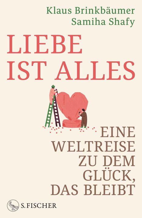 "LIEBE IST ALLES. EINE WELTREISE ZU DEM GLÜCK, DAS BLEIBT." Zwei Figuren arbeiten an einem Herz.